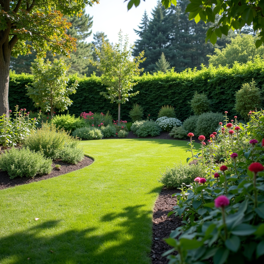 Grüner Gartenweg mit dichter Bepflanzung